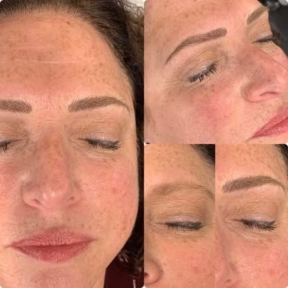 Collage of a woman’s face showing close-up makeup and eyebrow close-ups with eyes closed