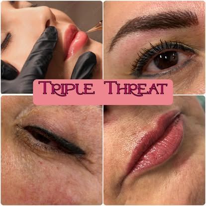Collage of lip, eye, and eyebrow makeup close-ups with “Triple Threat” text overlay