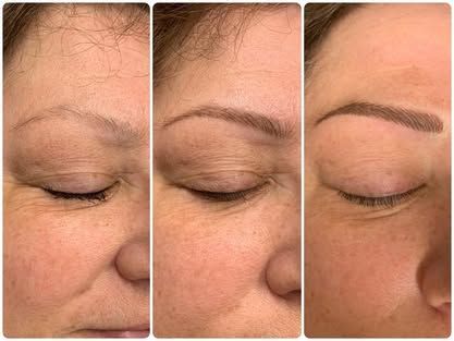 Three side-by-side close-ups of an eye area, showing a brow before and after makeup or grooming.