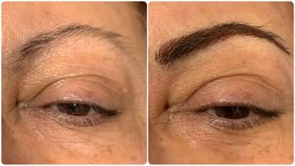 Before-and-after close-up of an eyebrow, with the right side darker, fuller, and more defined.