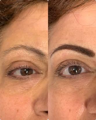 Side-by-side close-up of an eye and eyebrow before-and-after makeup enhancement