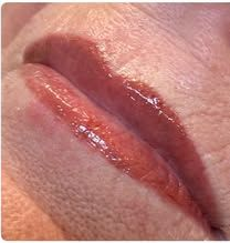 Close-up of a pink, glossy lip with a dark red lip liner border