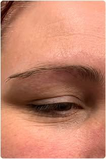 Close-up of a closed eye and eyebrow on a person's face with light skin.