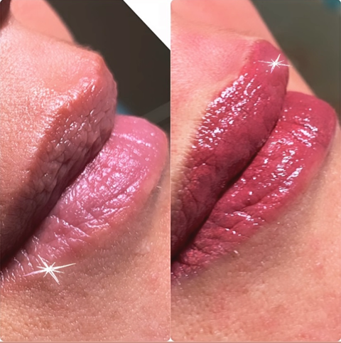 Before-and-after close-up of lips with muted natural color on the left and glossy reddish tint on the right