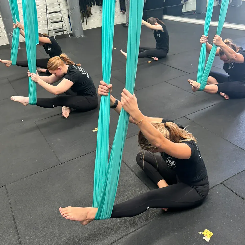 A group of people are doing aerial yoga in a gym