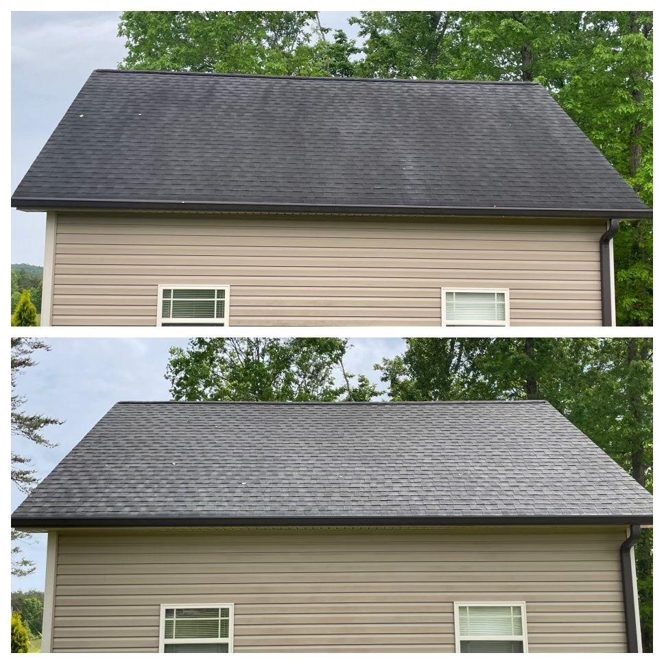Comparison of a before-and-after of a roof cleaning; dark roof is significantly lighter after cleaning.