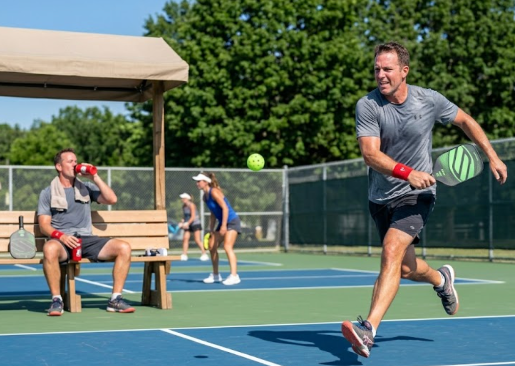 Two men playing pickleball on a blue court, with one running toward the net and another seated nearby.
