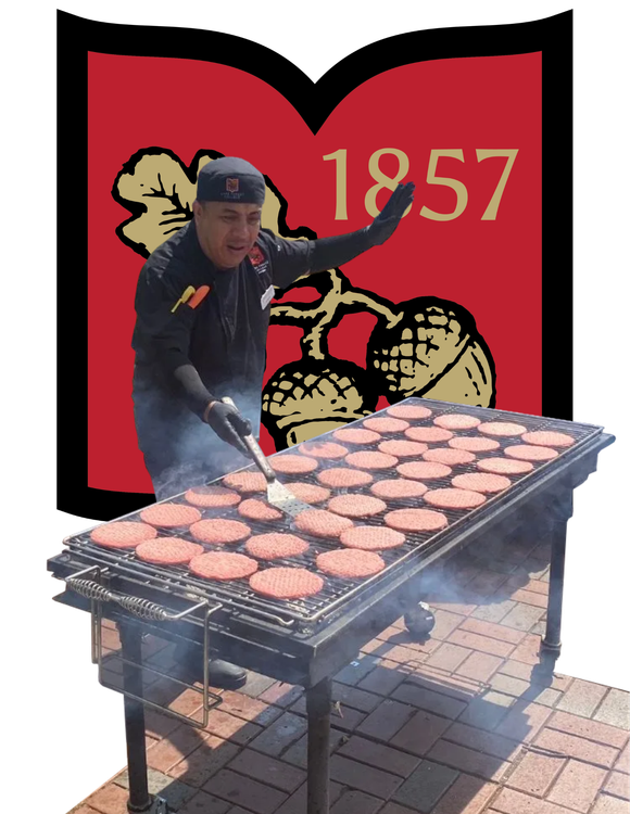 A chef grills many burger patties on a large outdoor grill, set against an emblem reading 1857.