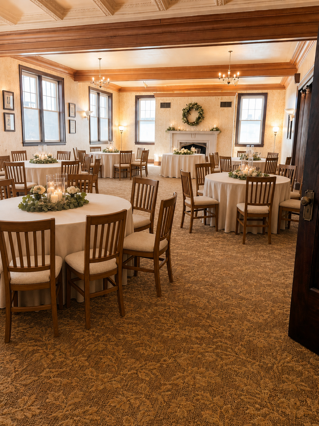 Empty banquet room with round tables, wooden chairs, and floral centerpieces under warm wood-beam ceilings
