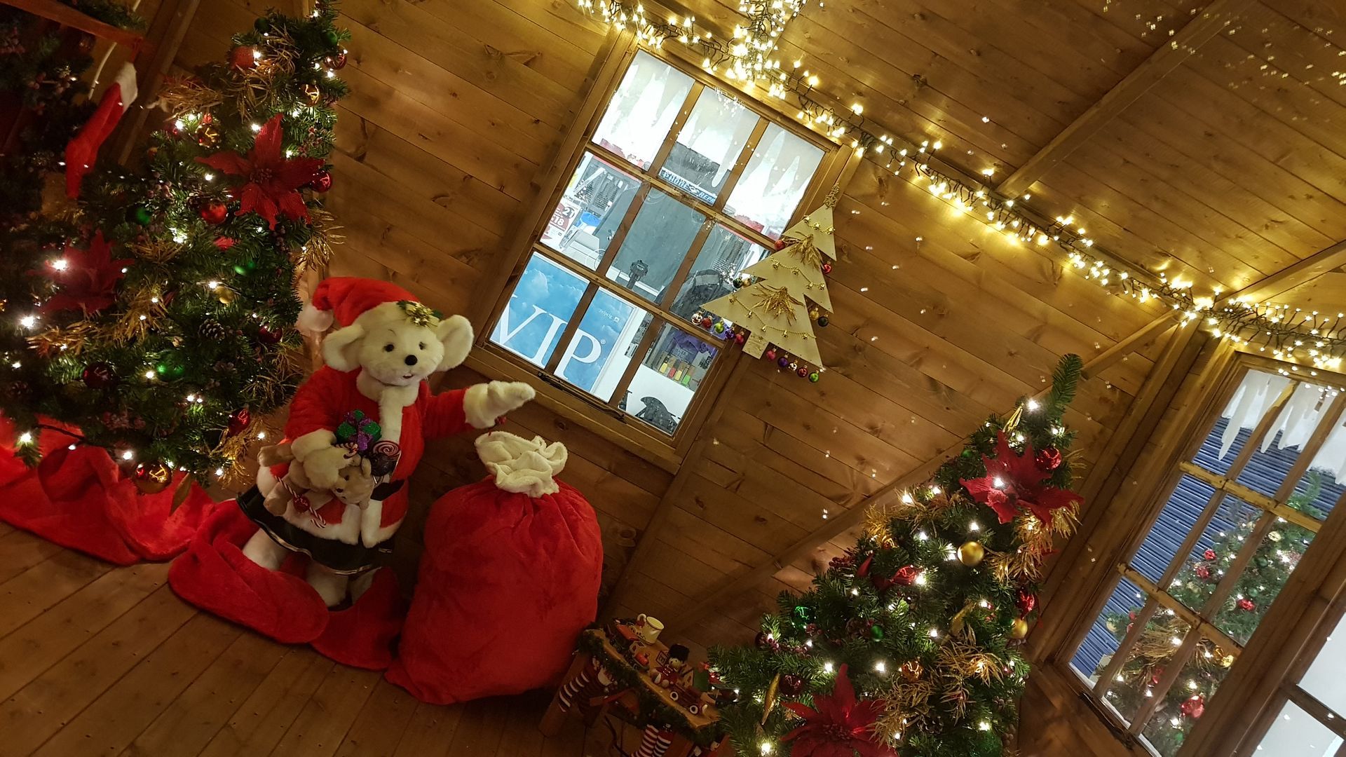 A room filled with christmas trees and a santa claus doll.
