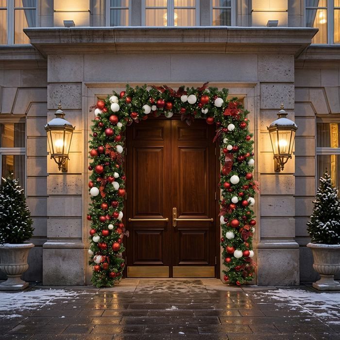 Decorated holiday doorway with wreath and lanterns on a stone building, with light snow on the ground