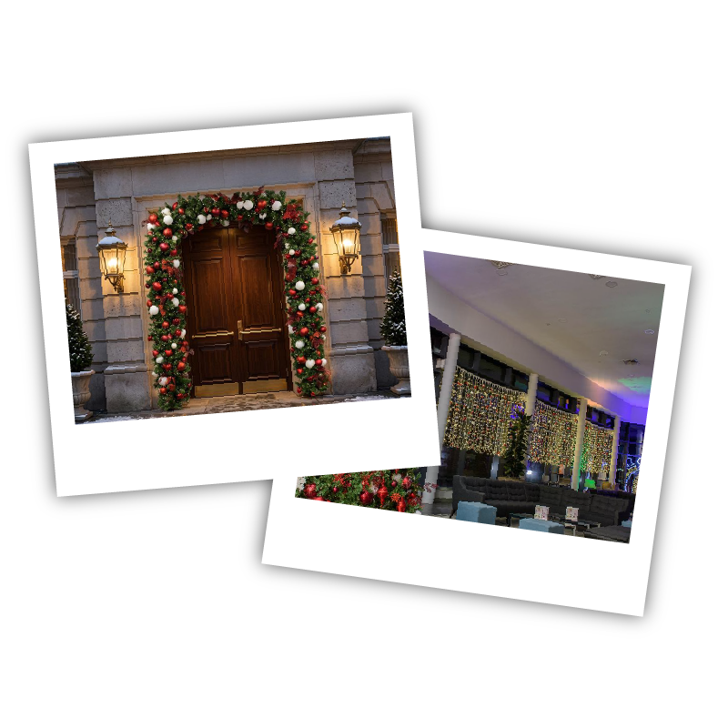 Two overlapping Polaroid-style photos: a flower-wrapped doorway and a softly lit indoor lounge.