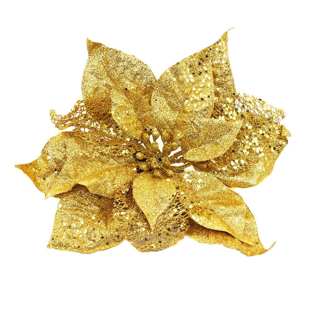 Gold glitter poinsettia flower decoration on a white background