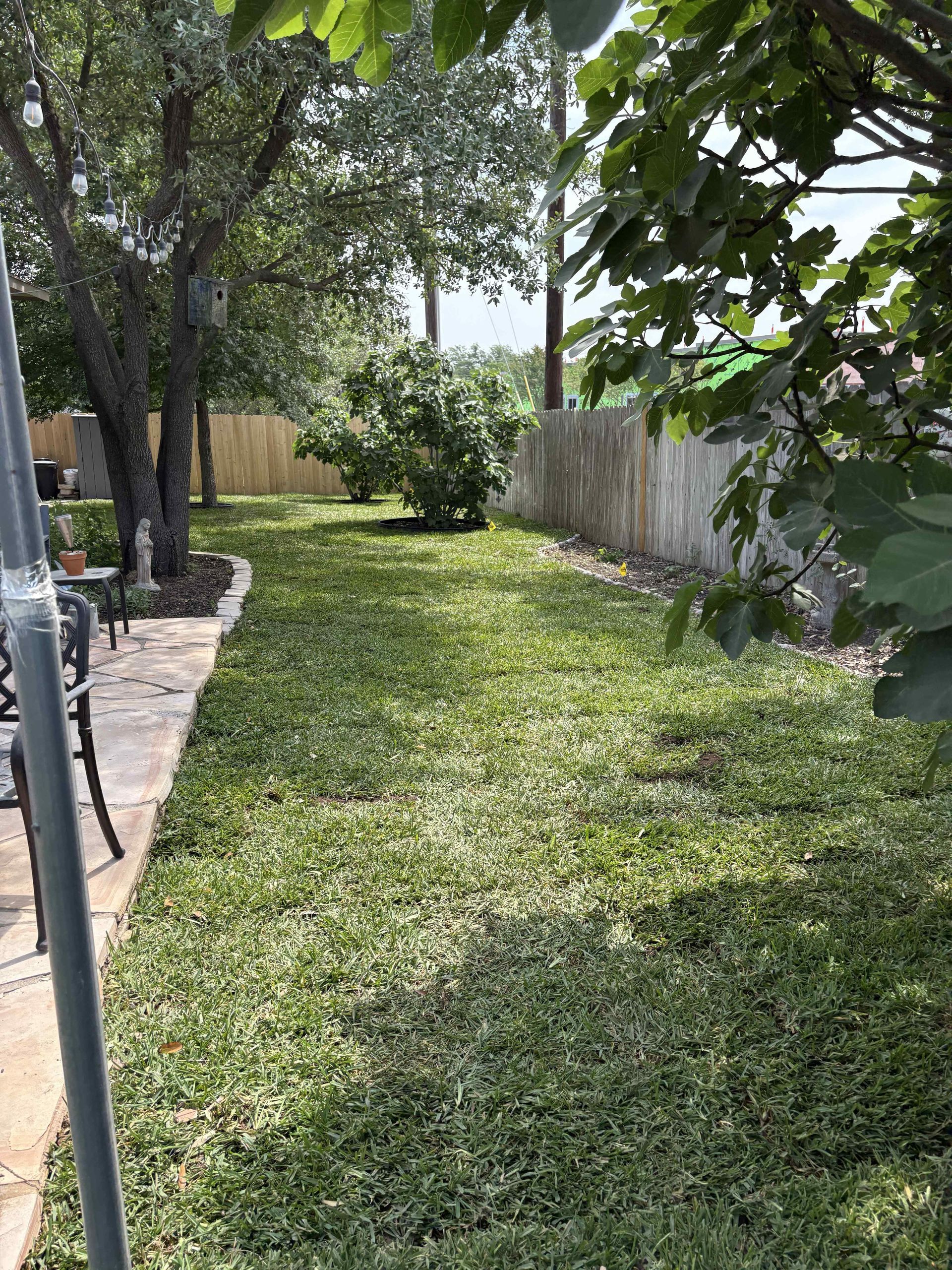 A backyard with a stone patio, a mowed lawn, several trees, and a wooden fence on a sunny day.