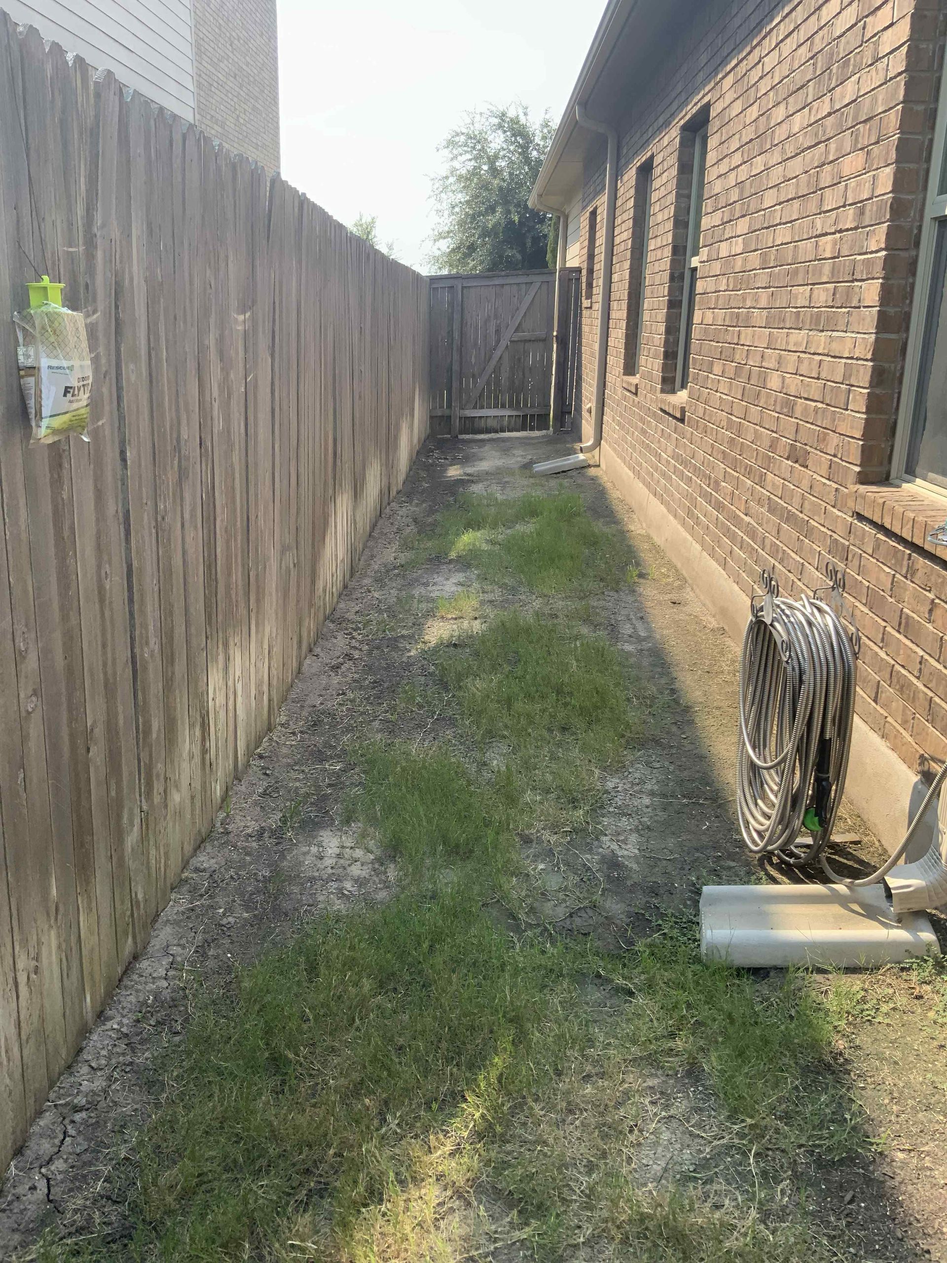 A narrow outdoor path between a brick house wall and a wooden fence, with patches of grass growing through dirt.