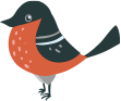 A cartoon bird with a red beak is standing on a white background.