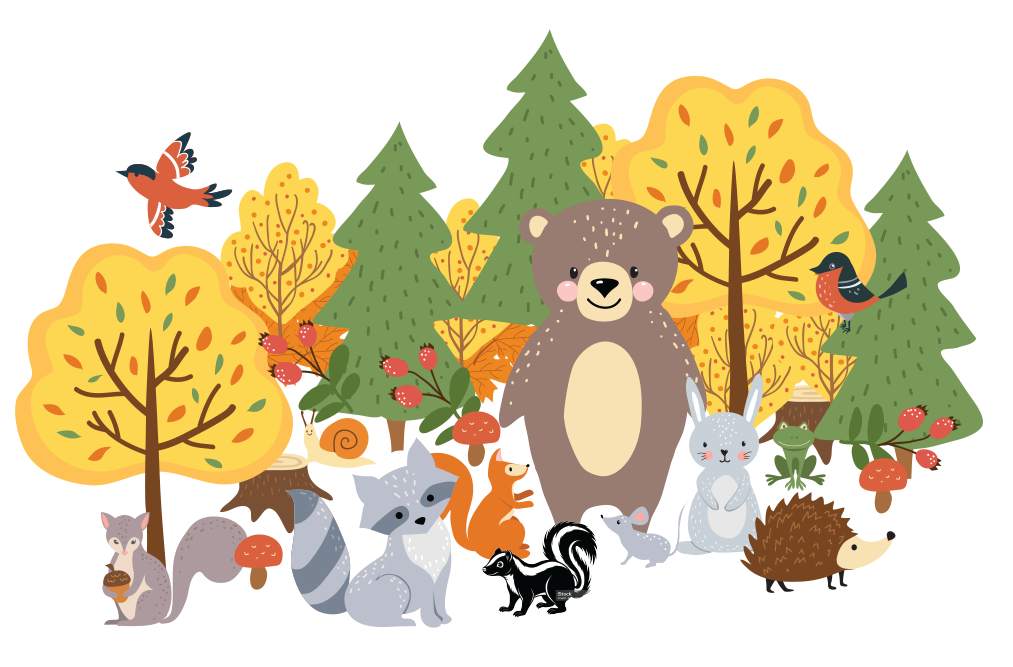 A group of animals are standing in a forest with trees.