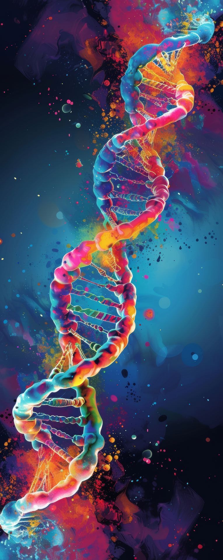 A colorful painting of a dna strand on a blue background.