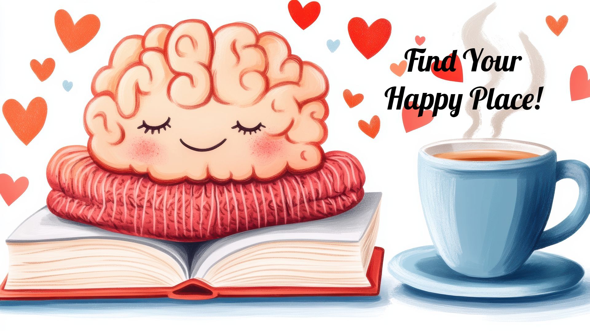 A cartoon brain is sitting on top of an open book next to a cup of coffee.