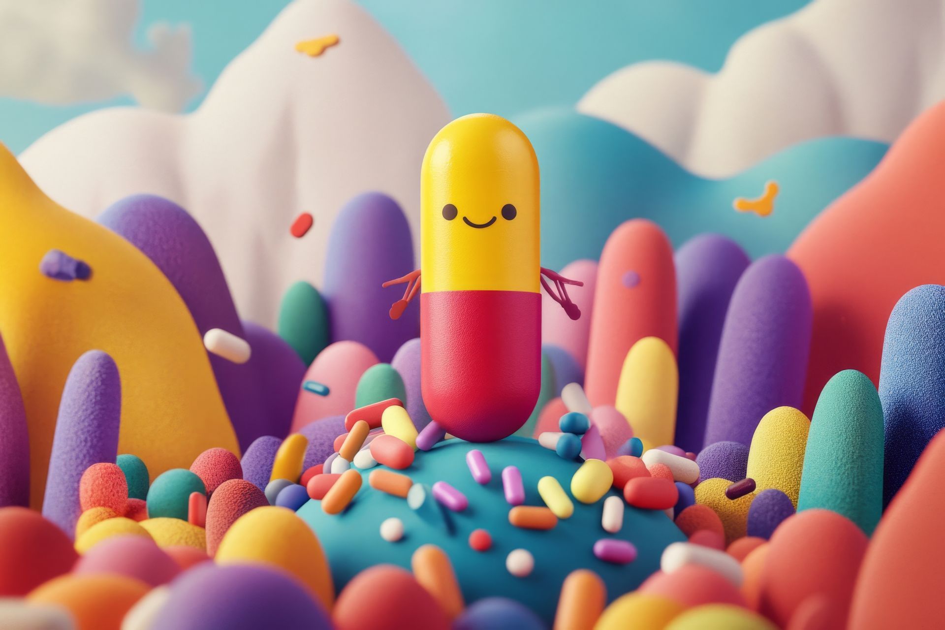 A yellow and red capsule with a face is surrounded by colorful candy.