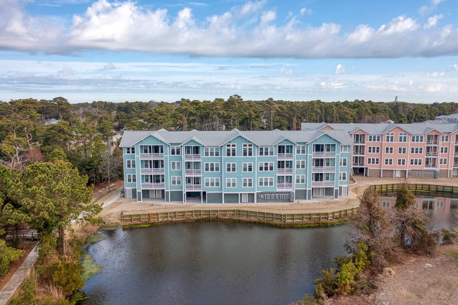 Aerial view of soundfront condos at Hamilton Cay Reserve in Kill Devil Hills, Outer Banks NC