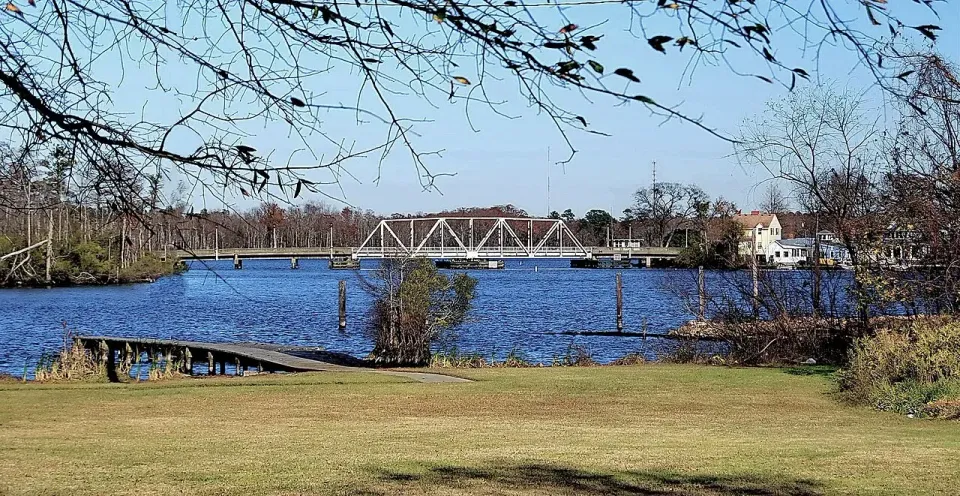 Perquimans River and the historic S Bridge in Hertford, photographed in 2011