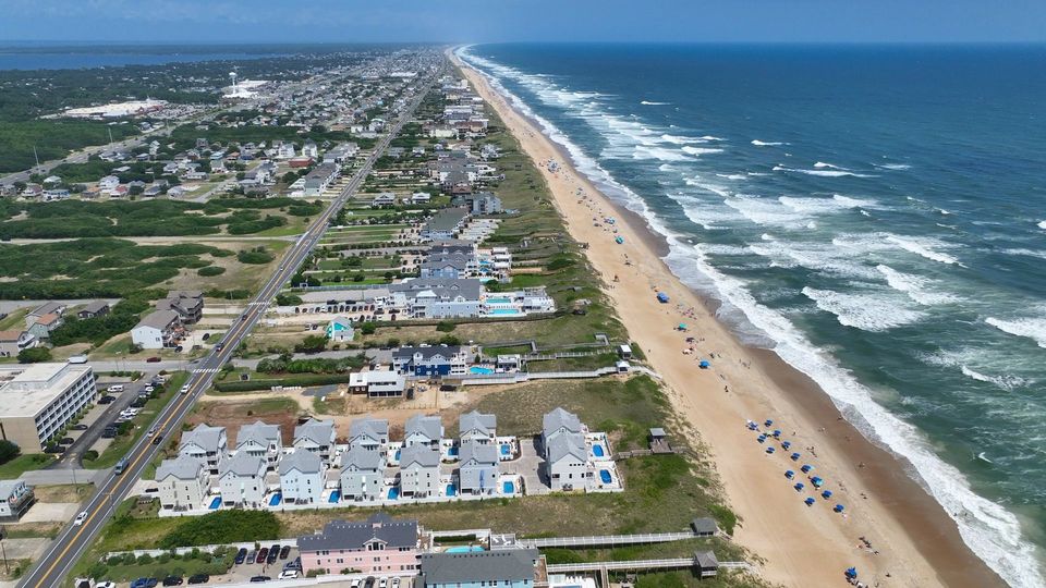 Aerial view of the Outer Banks oceanfront and beach homes
