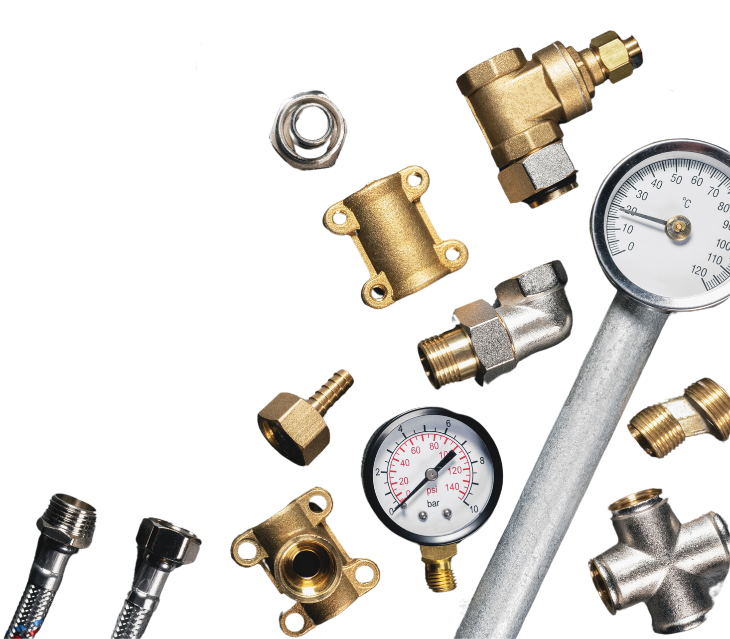 A bunch of plumbing parts including a pressure gauge