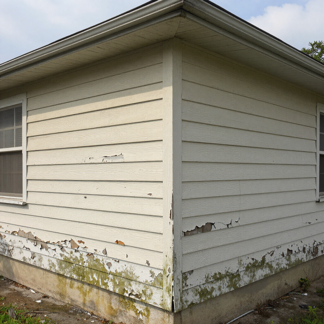Damaged white house siding with peeling paint and water stains at the corner.