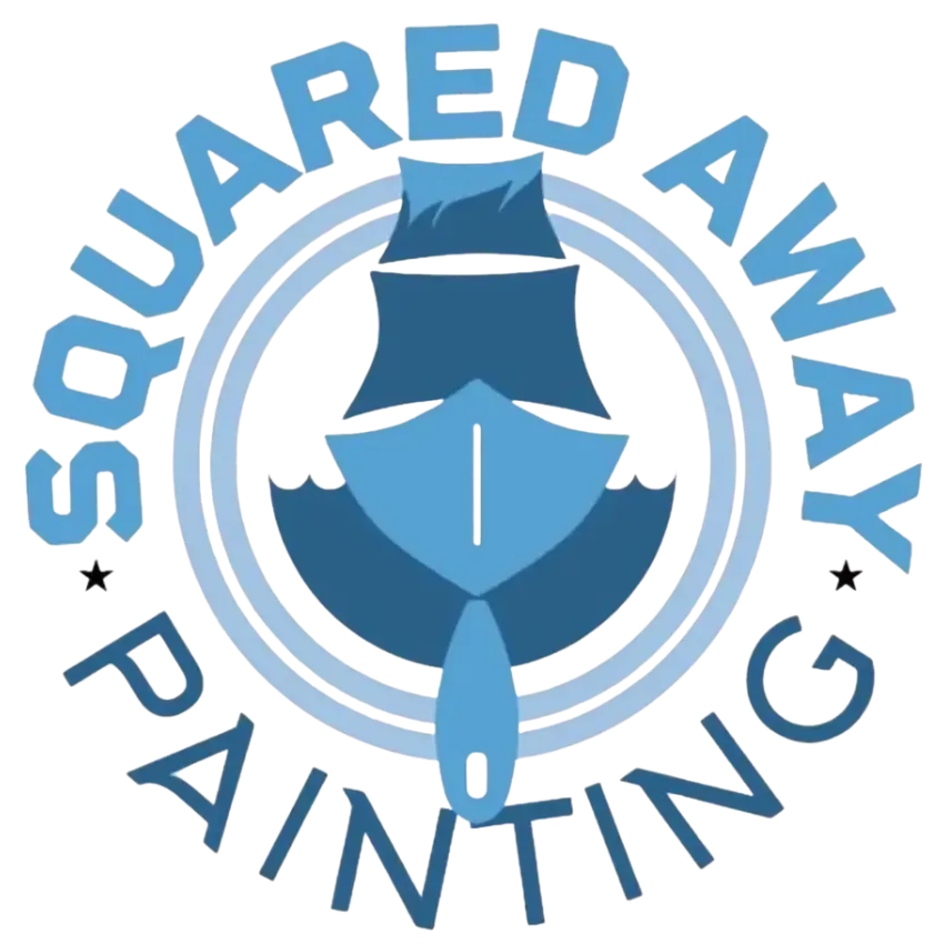 Logo for Squared Away Painting: a blue, circular emblem featuring a sailboat integrated with a paint scraper icon.