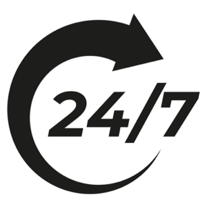 Black 24/7 symbol: curved arrow around the text 