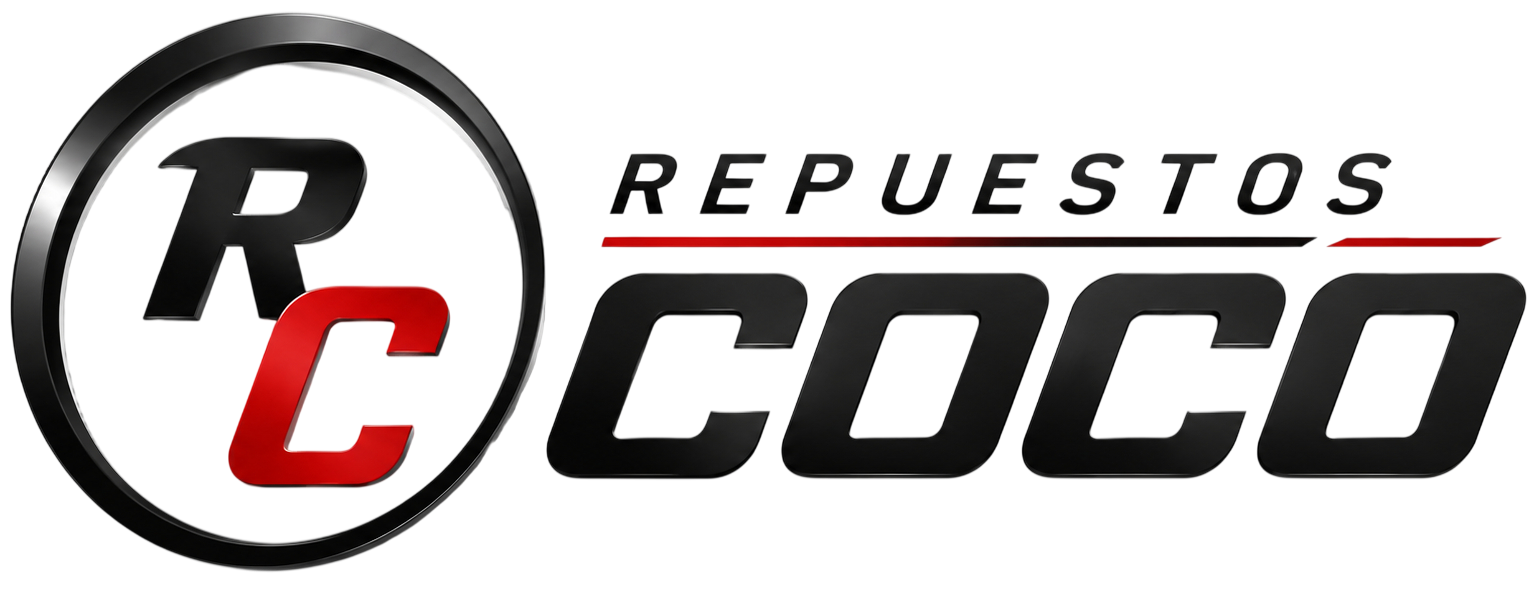 Logotipo de Repuestos Coco con letras negras y rojas dentro de un emblema circular RC.