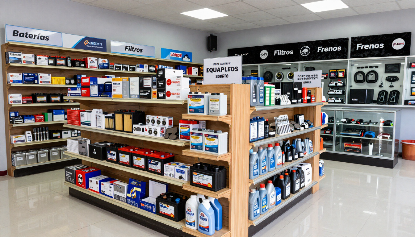 Pasillo de tienda de electrónica con accesorios para teléfonos y estantes con productos en cajas.