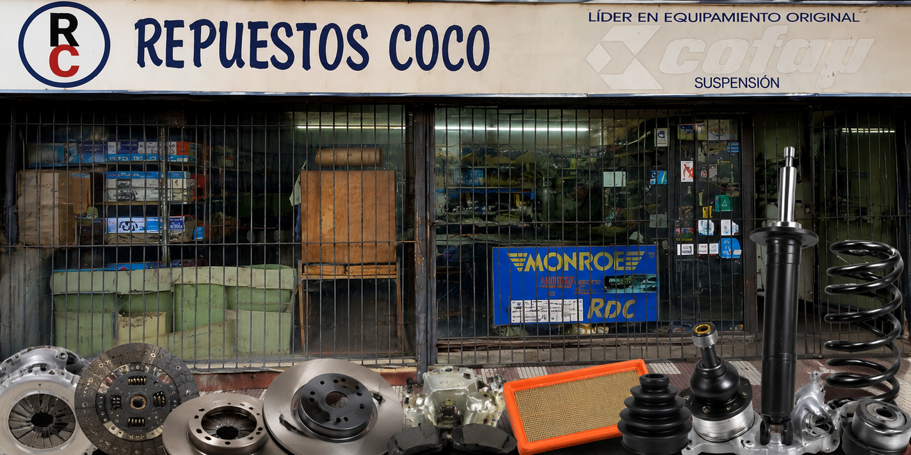 Fachada de “Repuestos Coco” con piezas metálicas, herramientas y una puerta cerrada detrás del mostrador.