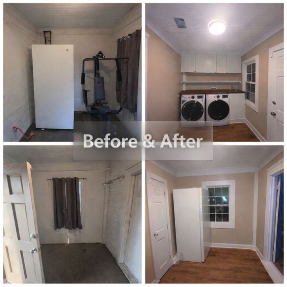 Before-and-after basement laundry room renovation with white cabinets, washer-dryer, and wood floor