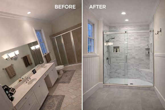 Before-and-after bathroom remodel showing a vanity area and a new tiled walk-in shower.