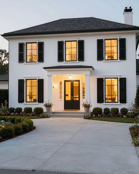 White two-story house at dusk with lit windows, dark shutters, and a curved front walkway