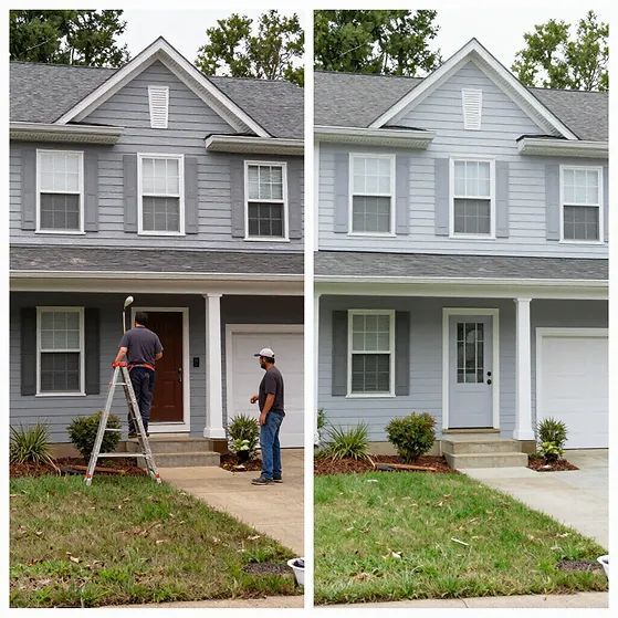 Before-and-after view of a gray house exterior being renovated, with workers on the front porch and lawn.