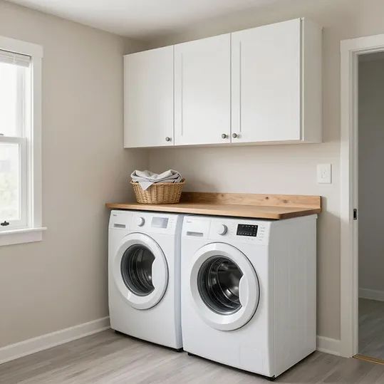 Modern laundry room with white washer and dryer, wood countertop, and wall cabinets