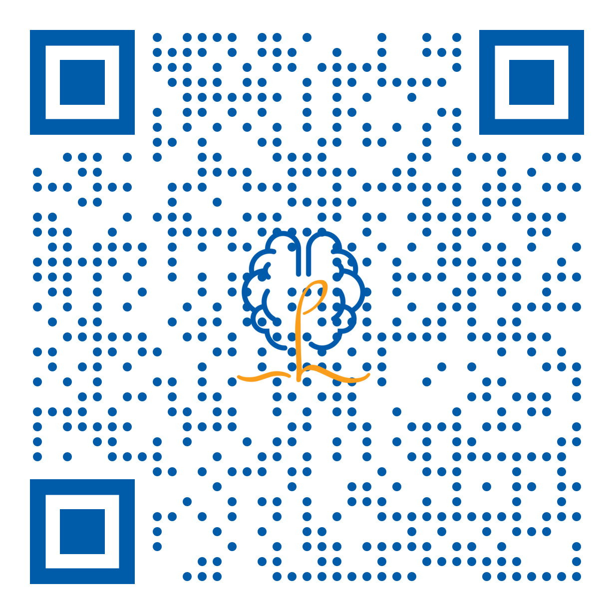 Código QR azul com um ícone de cérebro e uma lâmpada laranja no centro.