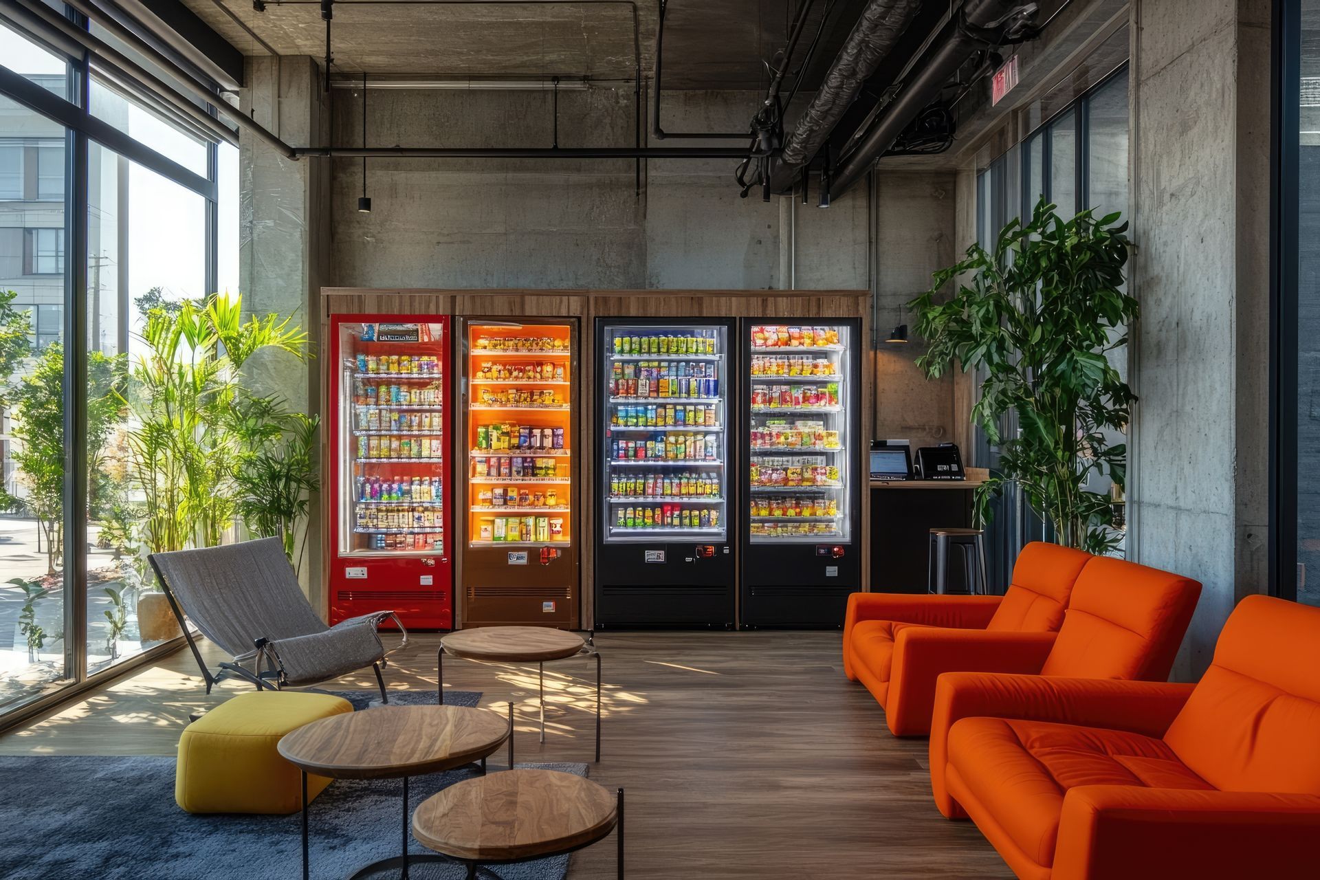 Modern lounge with four sleek vending machine company units, orange sofas, wood tables, and plants.