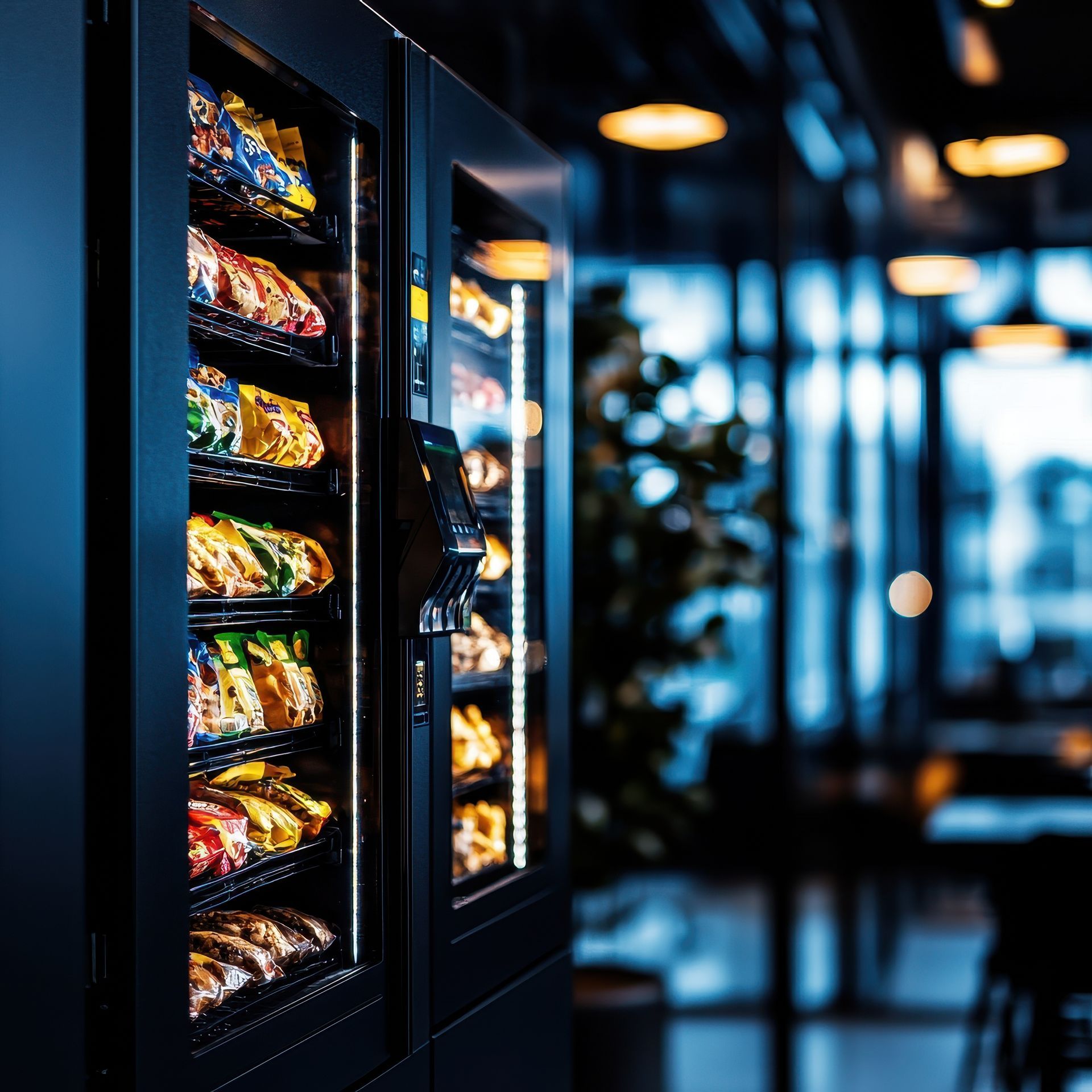 Close-up of a vending machine installation stocked with snacks beside a digital touchscreen panel.
