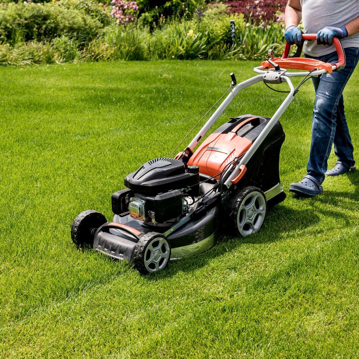 A man is pushing a lawn mower on a lush green lawn.