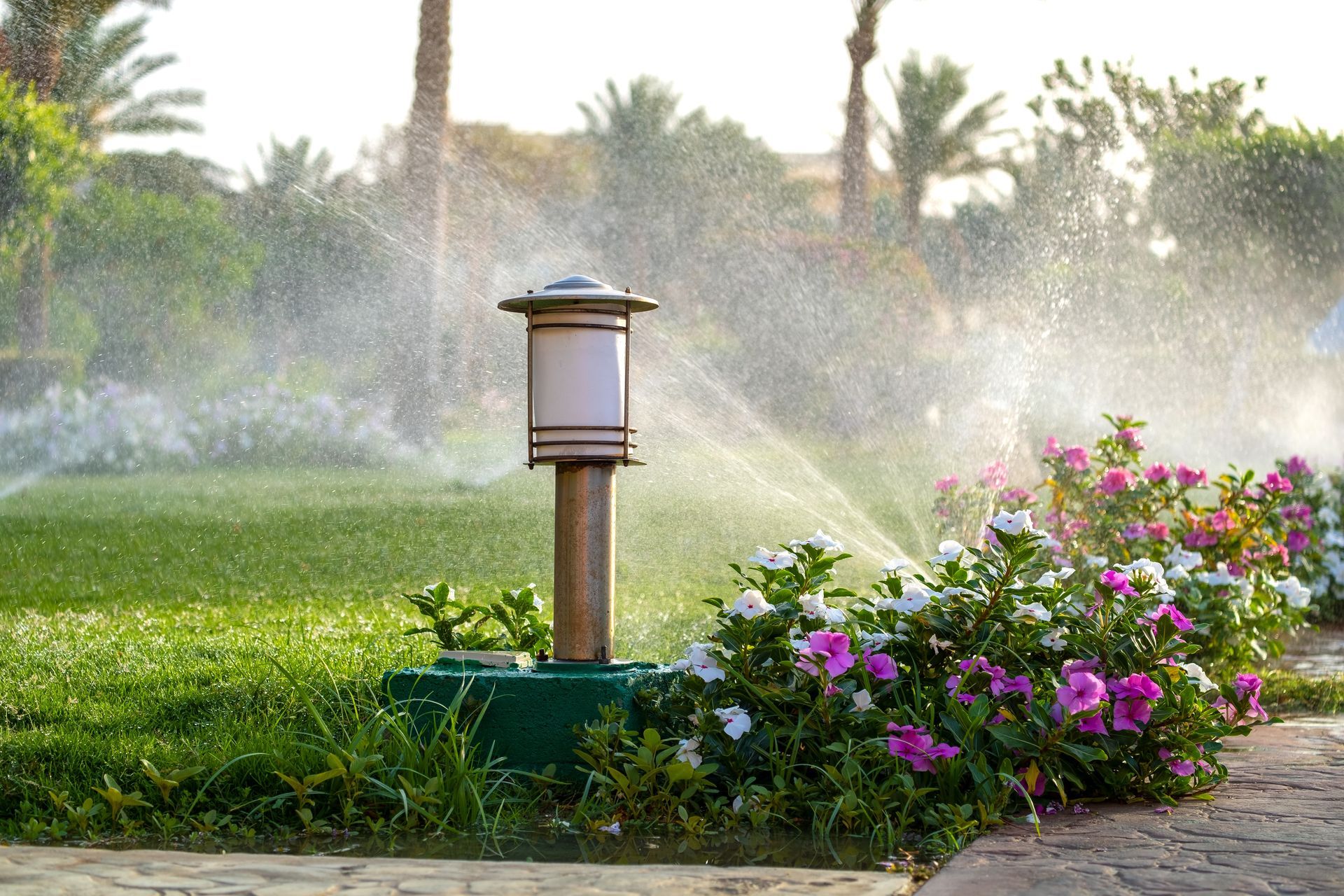 A lawn sprinkler waters grass and flowers in a garden, with a small decorative post light nearby.