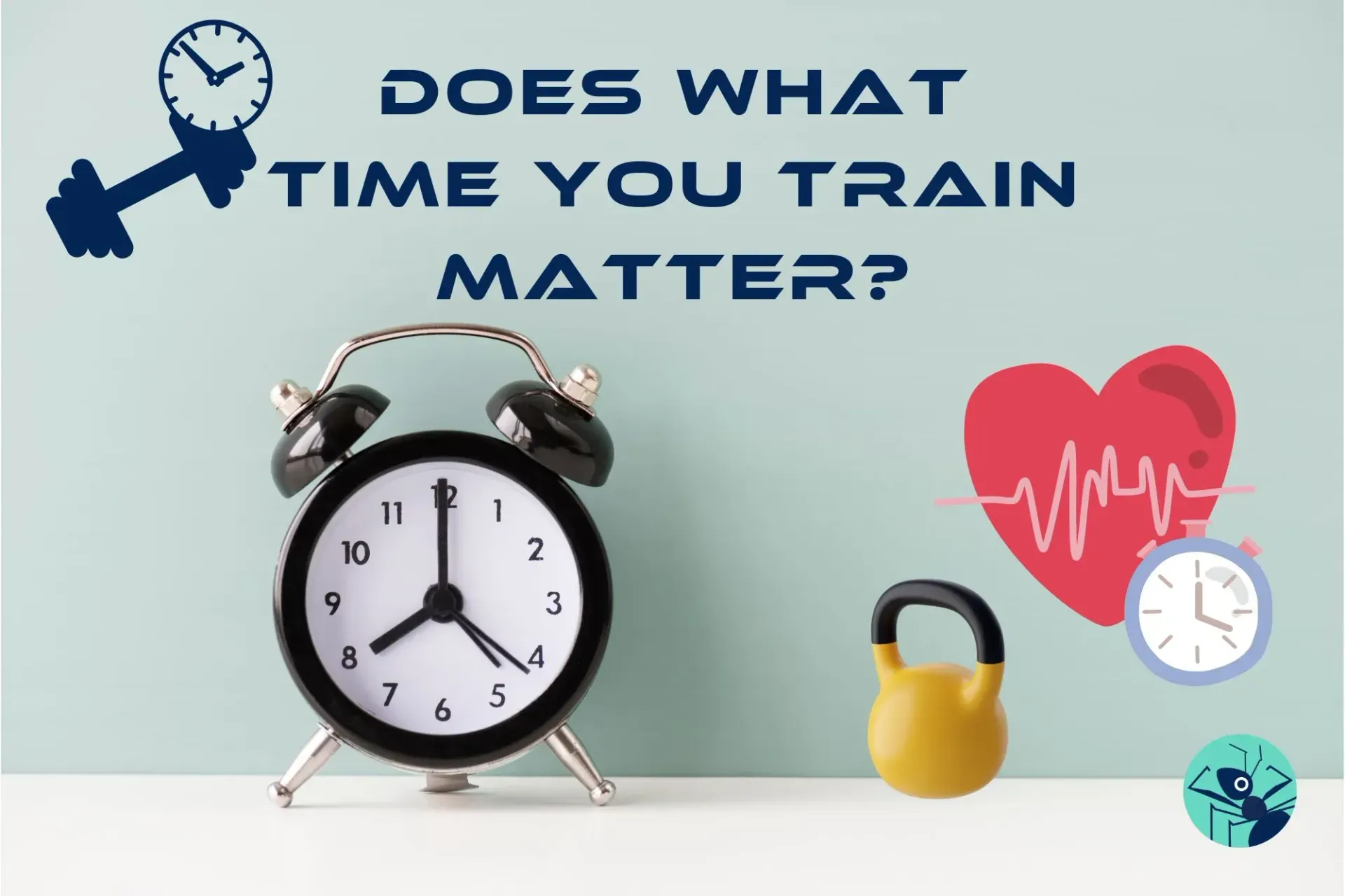 An alarm clock is sitting on a table next to a heart and a kettlebell.