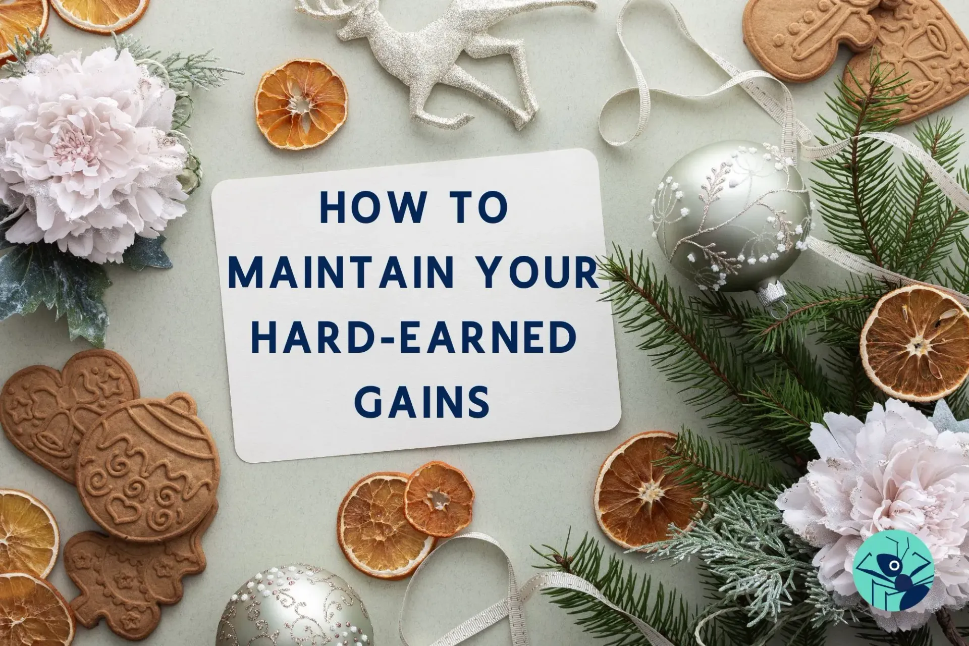 A sign that says how to maintain your hard-earned gains is surrounded by christmas decorations.