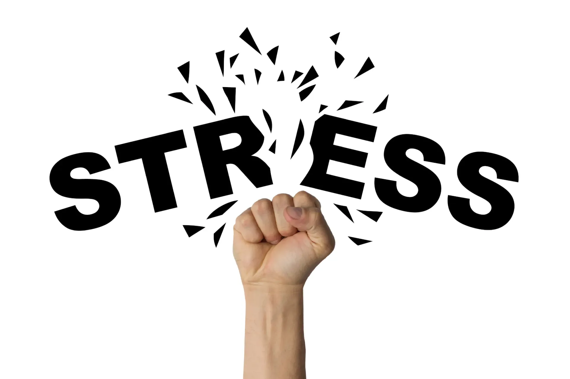 A fist is holding the word stress in the air.