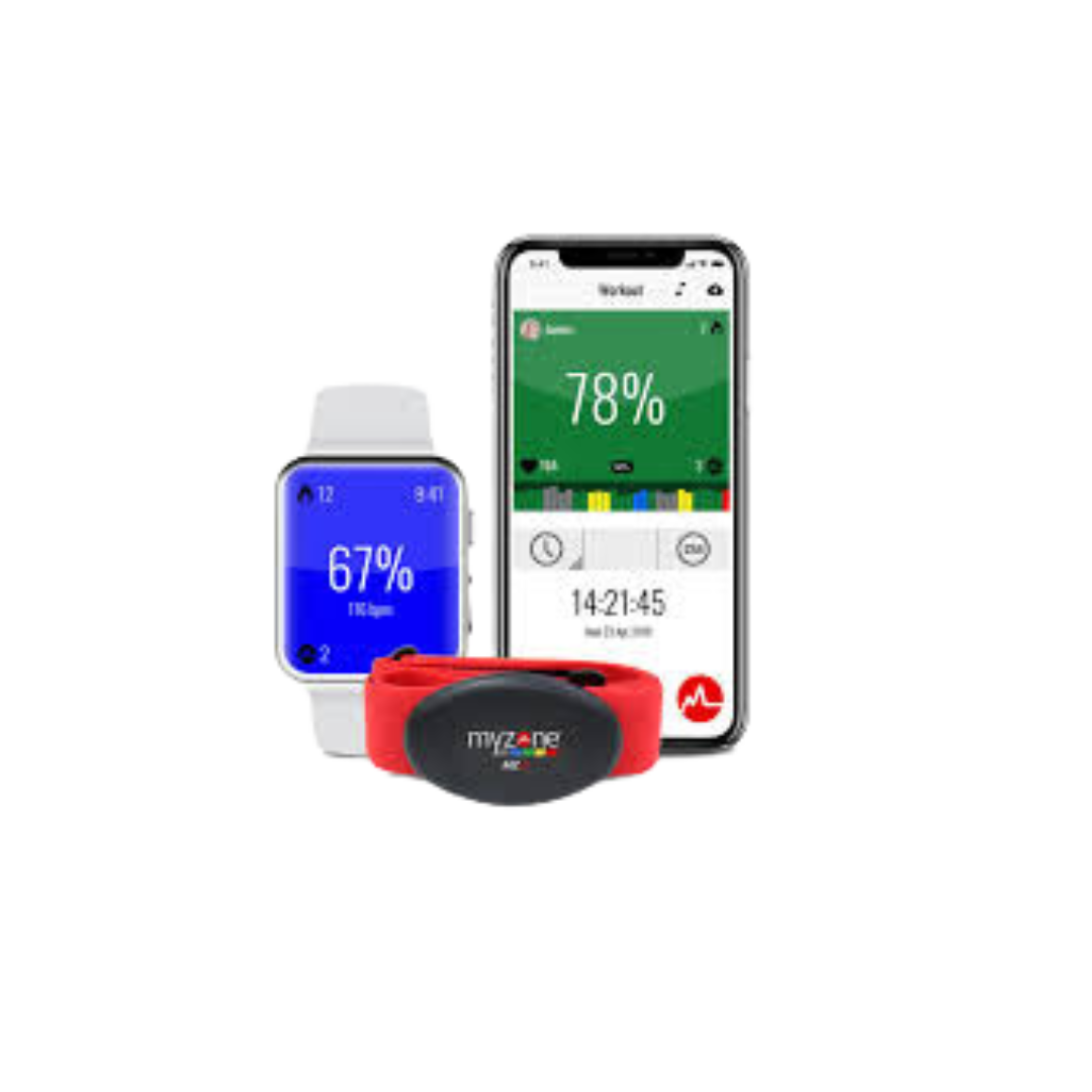 A smart watch , a smart phone , and a heart rate monitor on a white background.