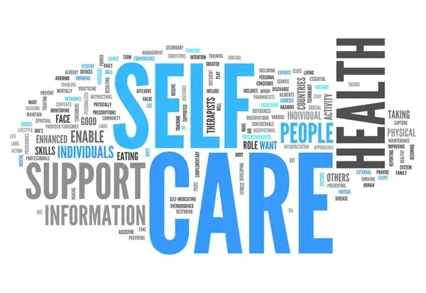 A word cloud with the word self care in the middle