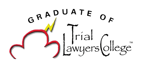 Logo for Trial Lawyers College: Red cloud with yellow lightning, text reads